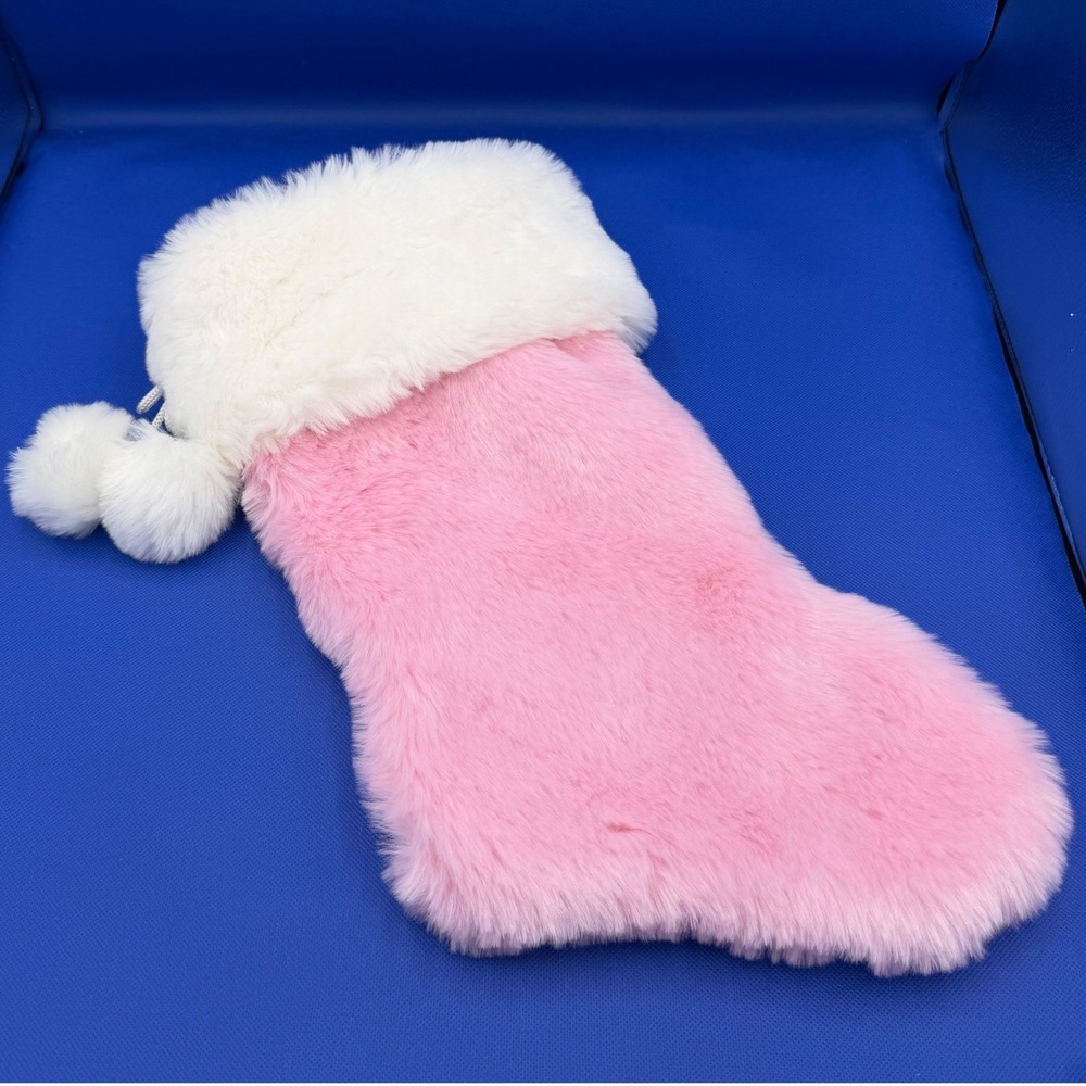 Pink Fur Christmas Stocking White Plush Cuff Pom Poms 16" Holiday Decor Pastel
